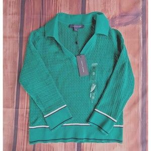 Tommy Hilfiger Womens Cable Knit Collared Top V-Neck Sweater M green